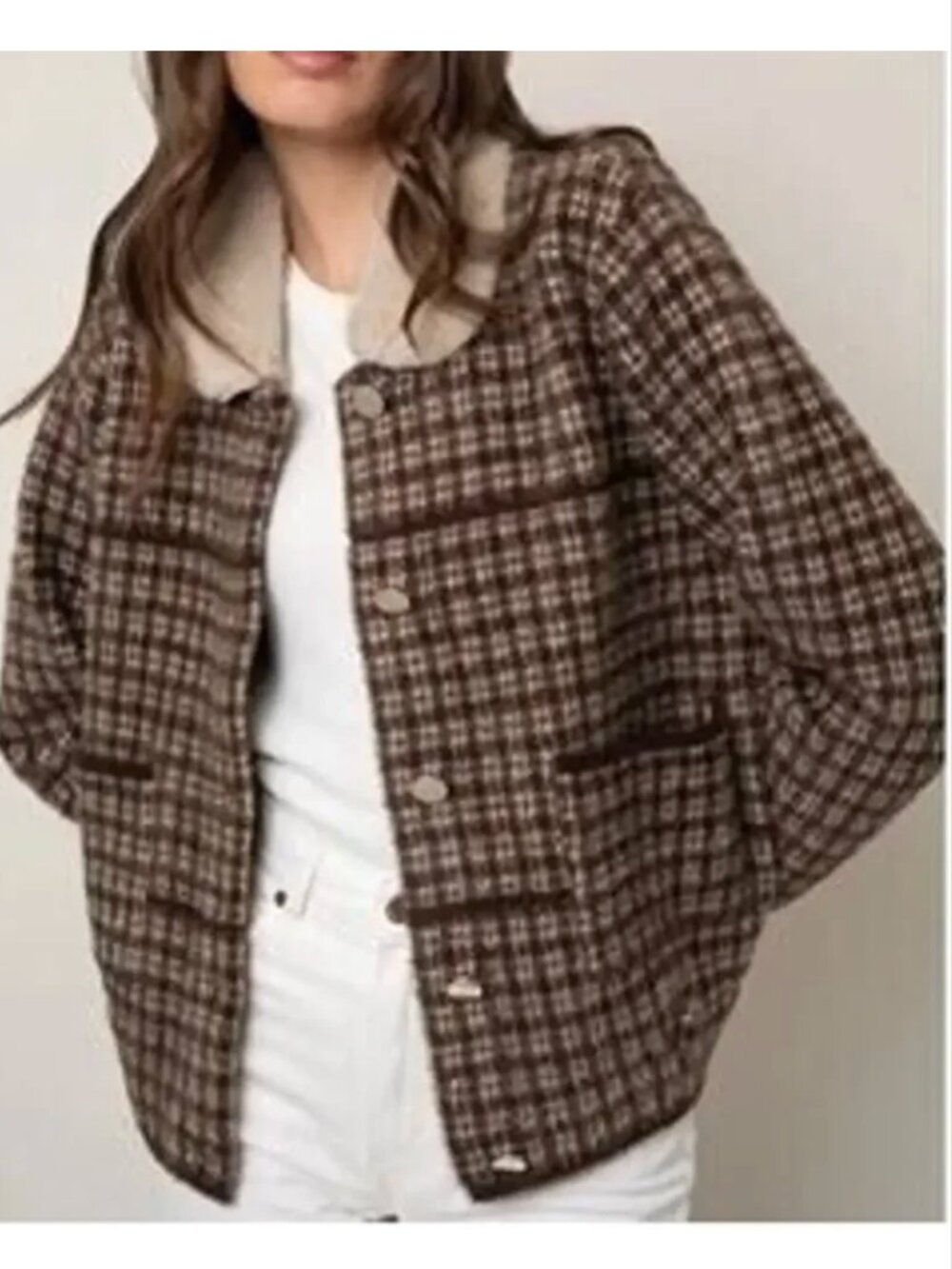 CYRUS Plaid Chunky Fuzzy Knit Button Jacket Faux Fur Collar